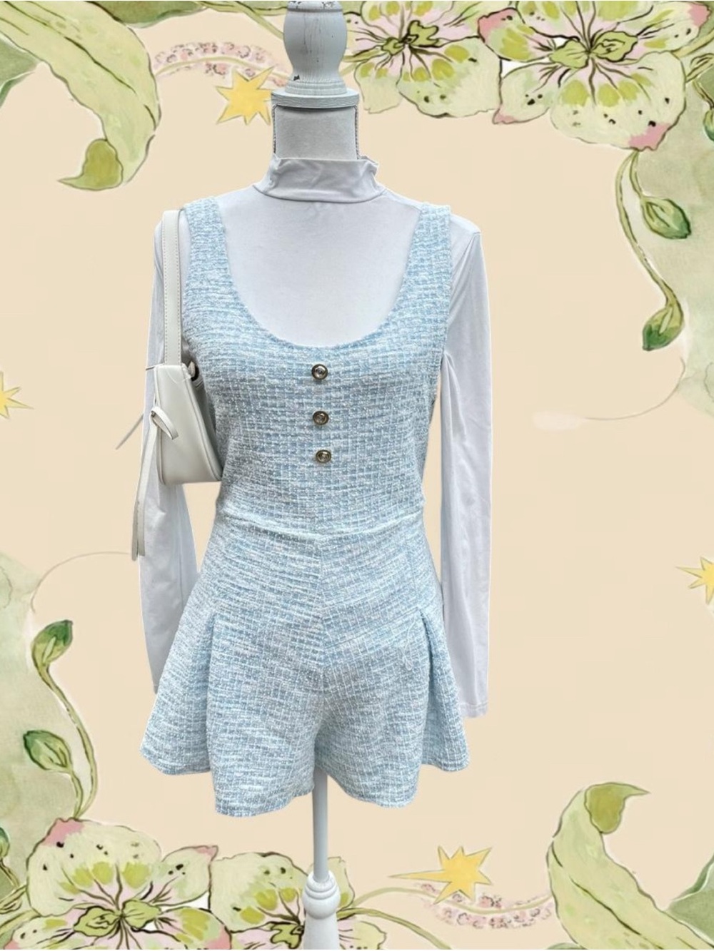 Light Blue Tweed Sleeveless Romper with Decorative Buttons